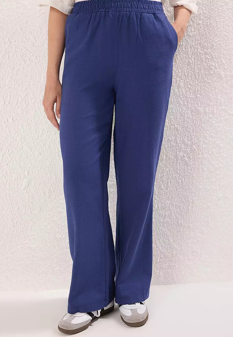 Navy Blue Linen Look Girdle Detailed Vest-Pants Woven Top and Bottom Set Tctss25Us00025