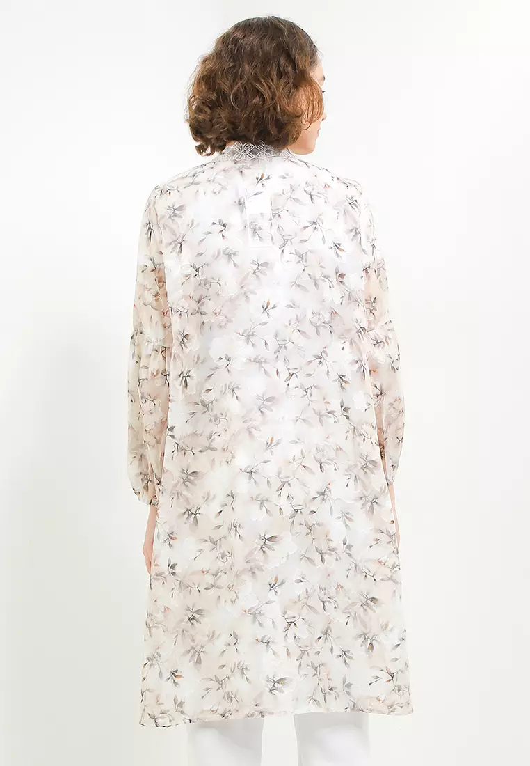 Lantern Sleeve Diamond Detail Lace Trimmed Flo Print Jacq Outer