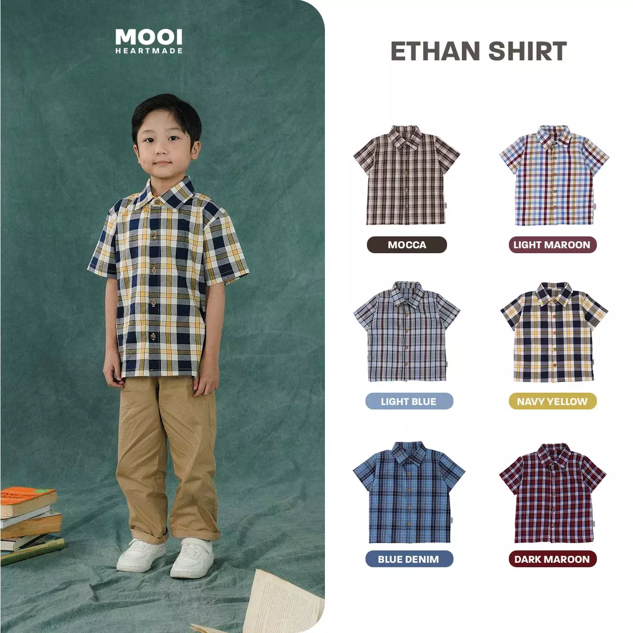 Mooi Kemeja Anak Laki-laki Kemeja Katun Motif Ethan Shirt - Light Maroon