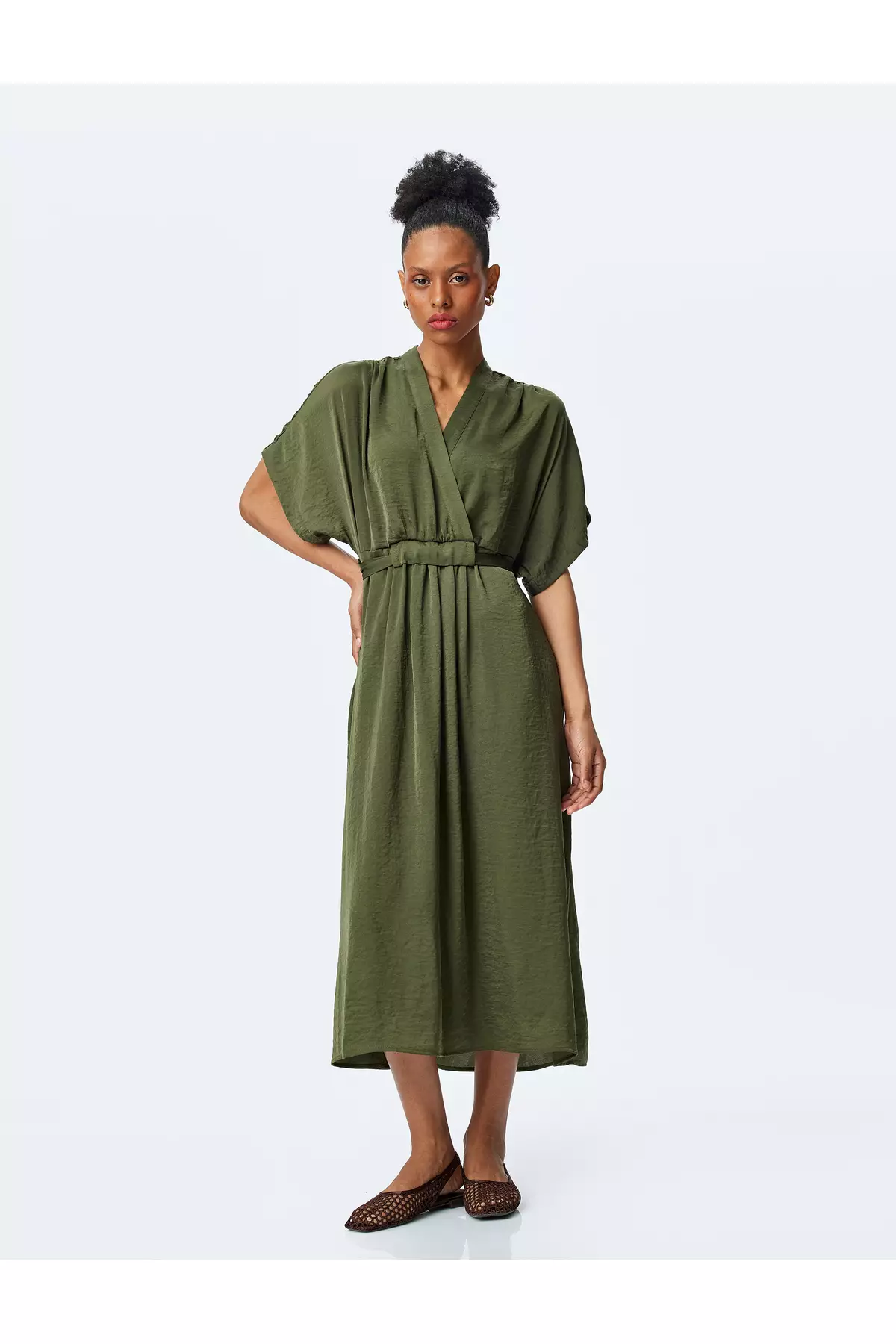 Flowy Short Sleeve Midi Length Double Breasted Satin Dress