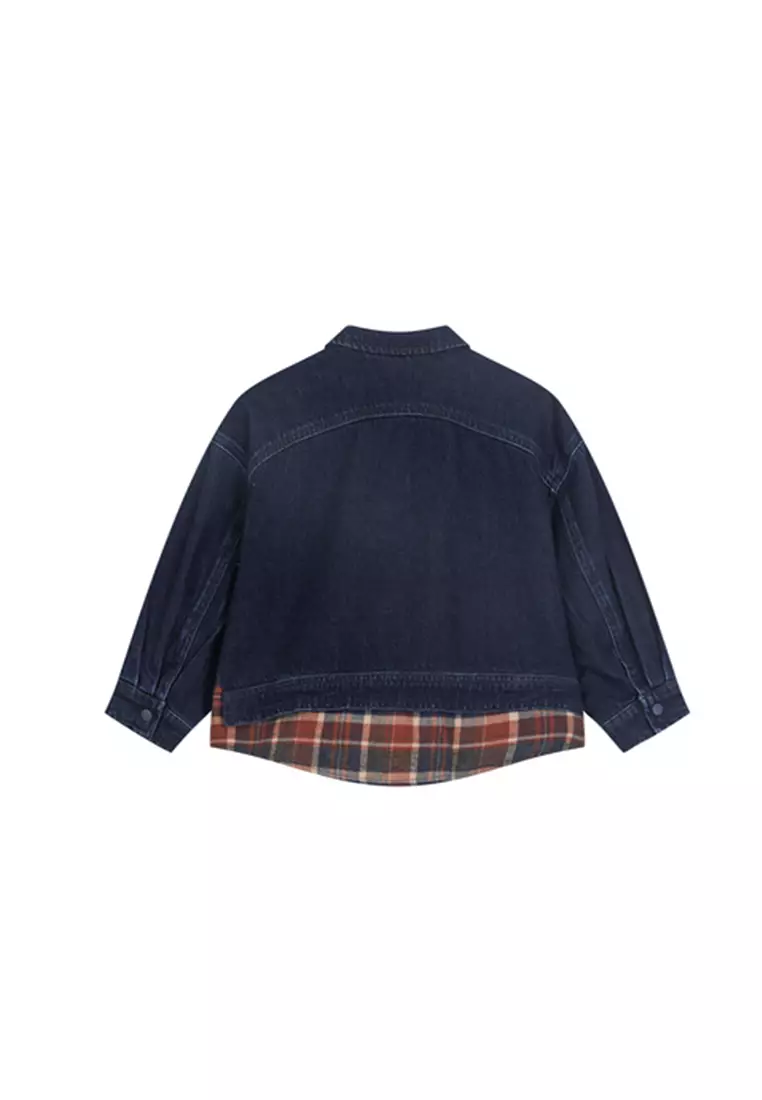 女大童牛仔衣假两件拼接格纹衬衣帅气外套