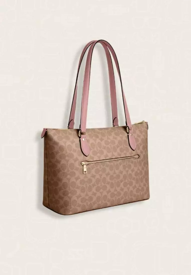 Coach Gallery Tote Bag In Signature Canvas Tan Pink Petal