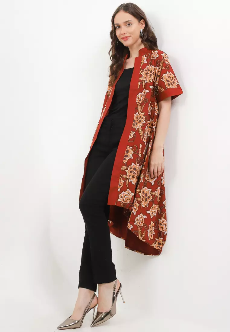 Atasan Outer Vest Cardigan Wanita Lunar Cheongsam Imlek Muslim Amber Merah Lengan Pendek
