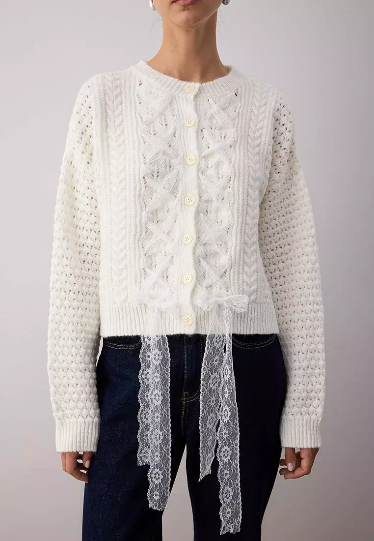 Ecru Crop Wide Pattern Hair Knit Lace Garnish Detailed Soft Textured Knitwear Cardigan