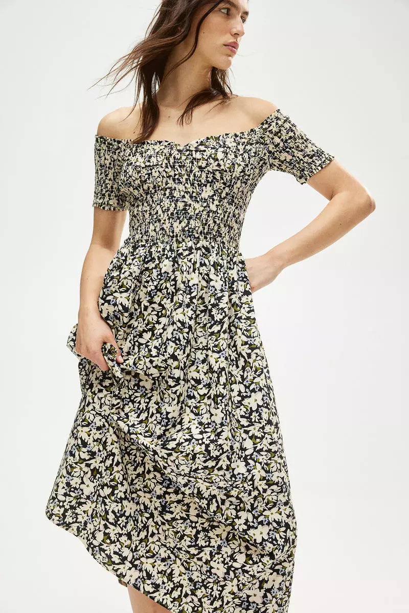 Buy H&M Smocked off-the-shoulder dress Online | ZALORA Malaysia