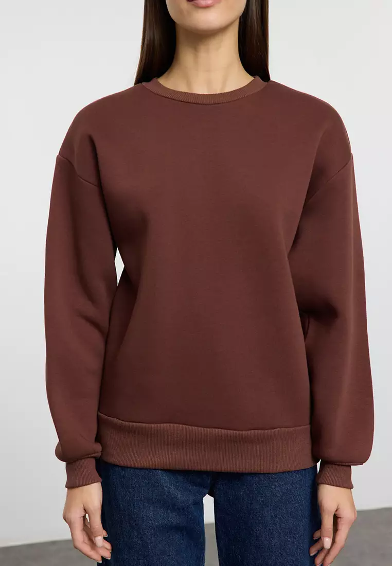 Thick Cut Brown Fleece Crew Neck Sweatshirt