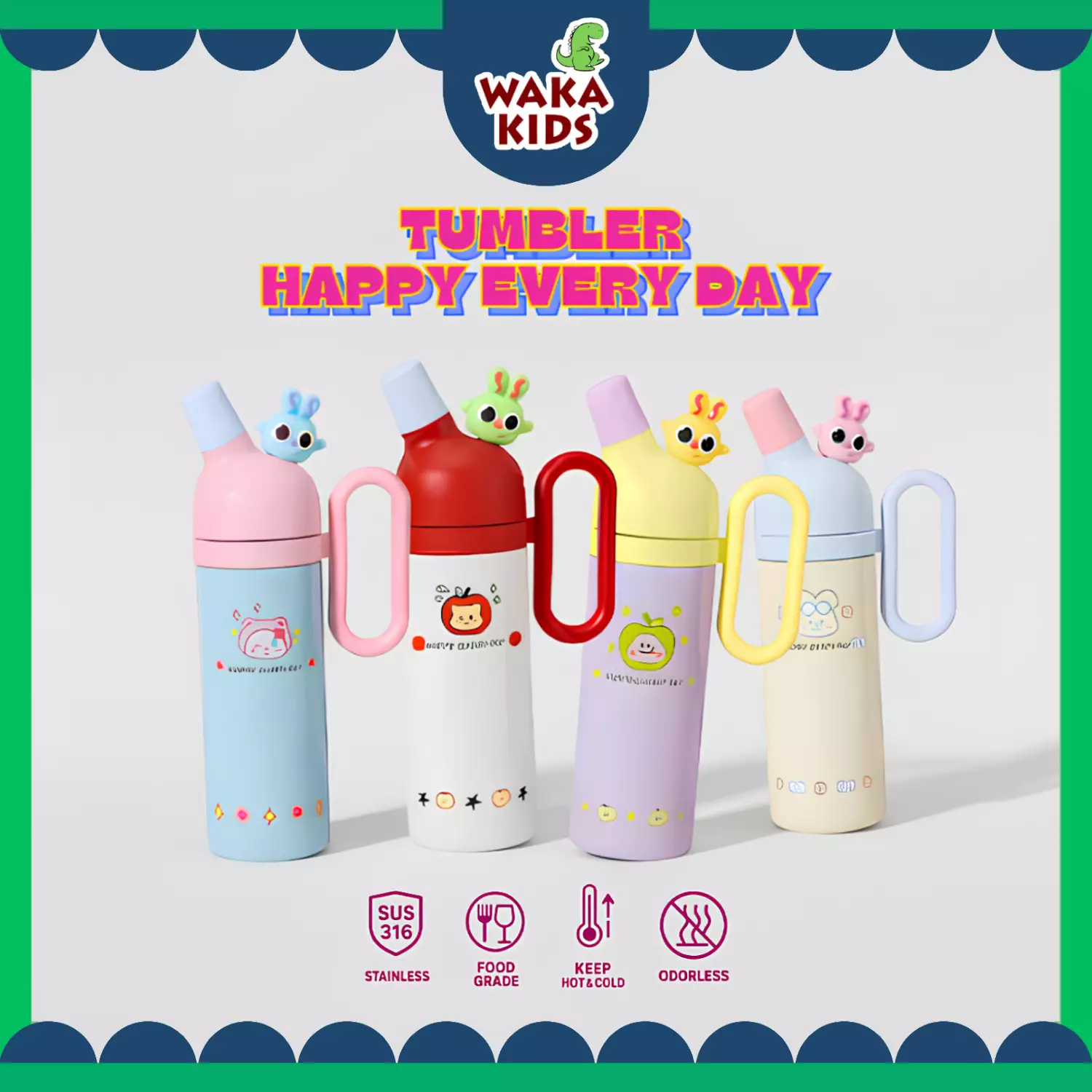 Wakakids Botol Minum Termos Stainless Steel Tumbler Lucu Happy Every Day Vacuum Cup Dengan Gagang 800ml K2031 Venjr Ungu
