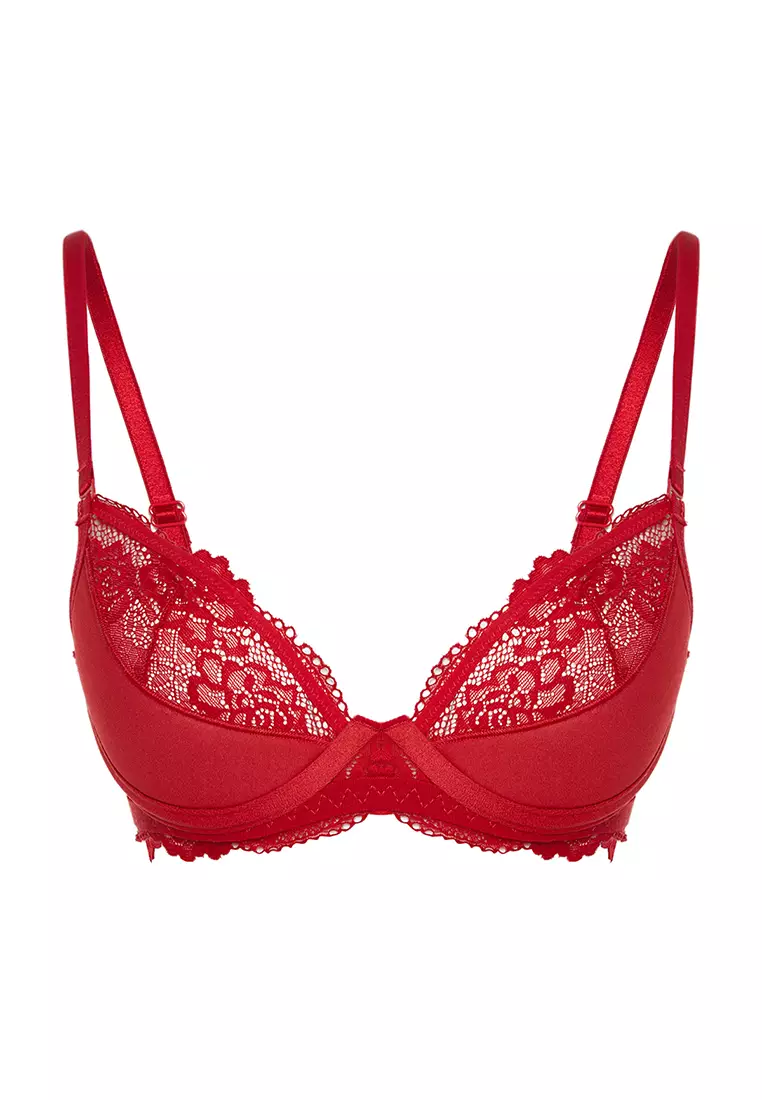 Burgundy Laced Rope Strap Demi Non-Padded Cupped Knitted Bra THMSS24SU00030