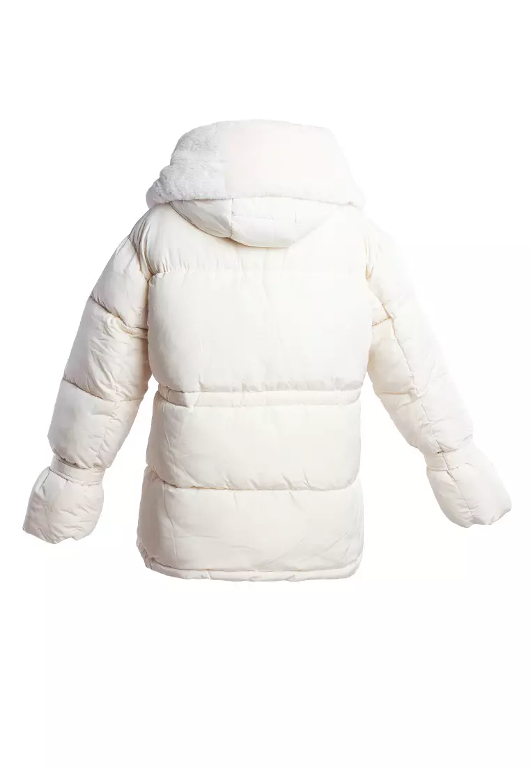 Cream Long Puffer Jacket Hoodie