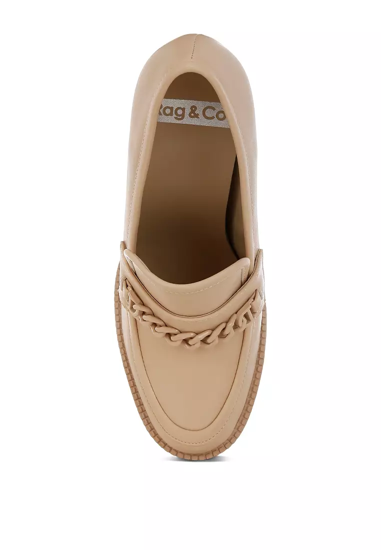 Chunky Chain Link Heeled Loafers in Beige
