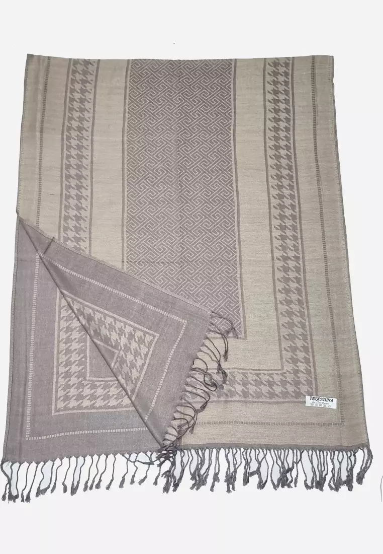 Houndstooth Pattern Viscose Pashmina Shawl Syal Wanita Golden Olive
