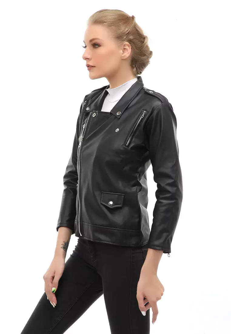 Glenice Jaket Kulit Casual Wanita Windproof Stylish Design Material Leather ORIGINAL - Black