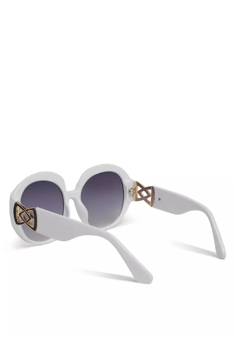 White Metallic Accent Round Sunglasses