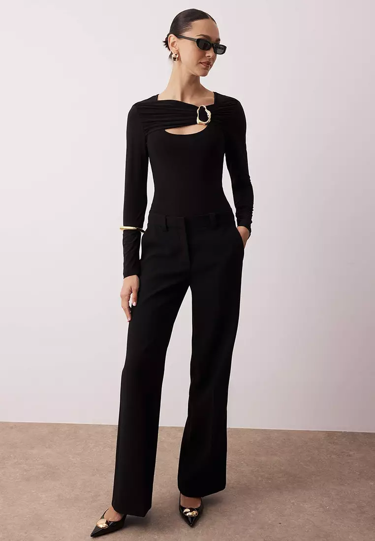 Black Accessory And Cut Out Detail Bodycon Stretchy Knitted Blouse