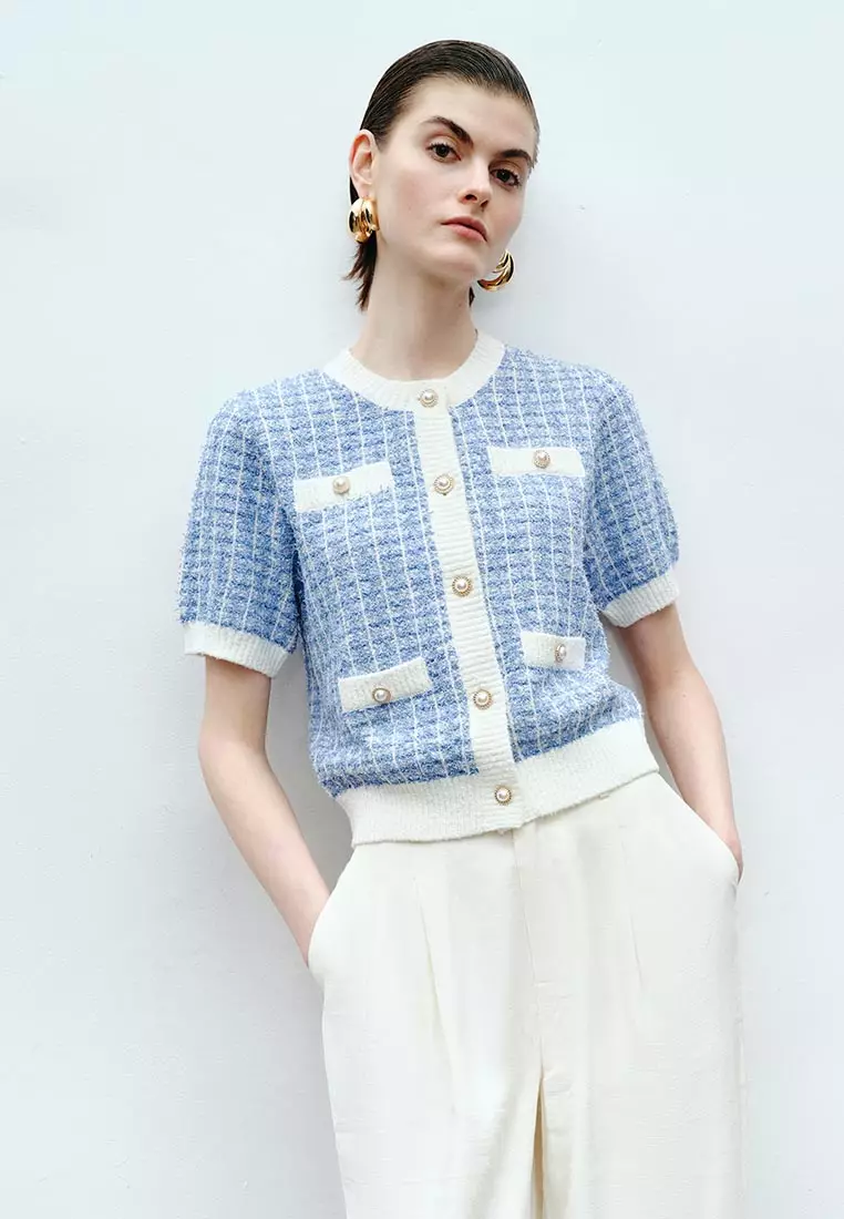 Short Sleeve Tweed Knit Cardigan