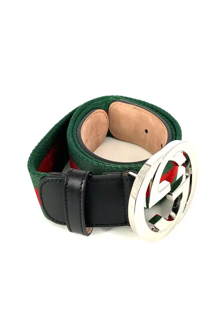 Gucci Belt Canvas Black Green Red With G Silver Buckle 90