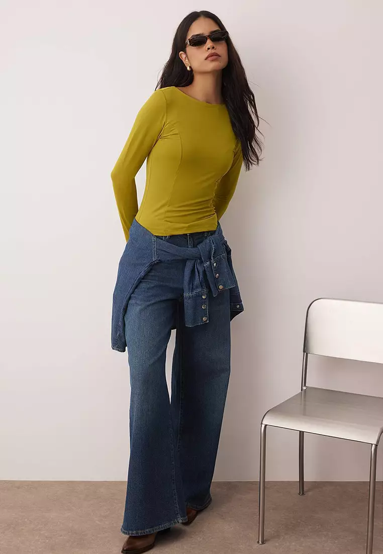 Oil Green Fitted Long Sleeve Boat Neck Flexible Knitted Blouse Twoaw26Bz00108