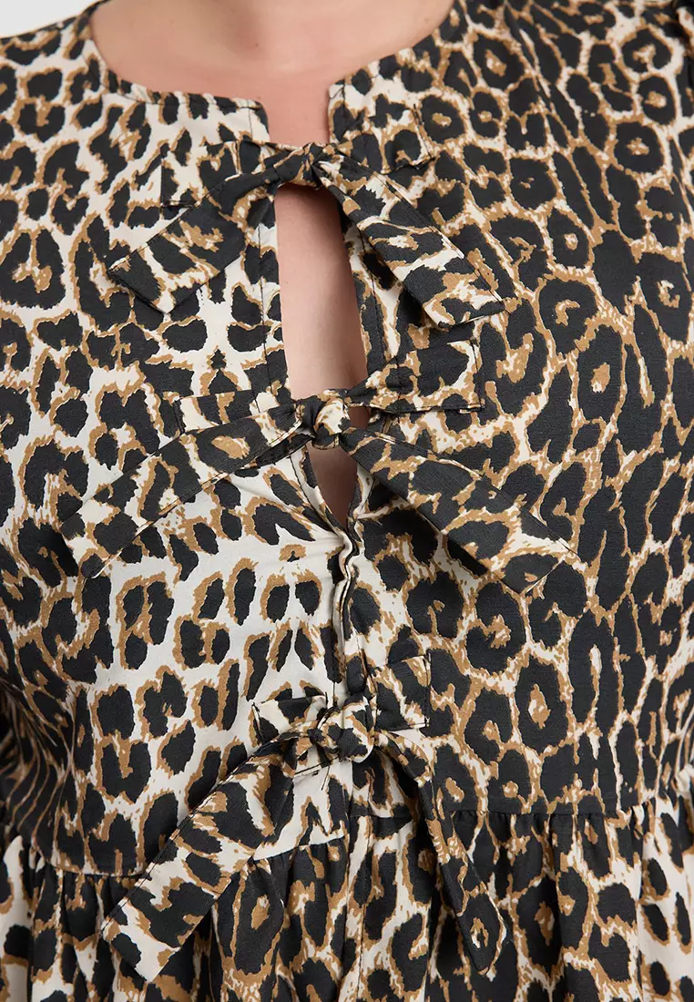 Multicolored Women's Bow Leopard Patterned Woven Plus Size Blouse TBBAW25AF00021