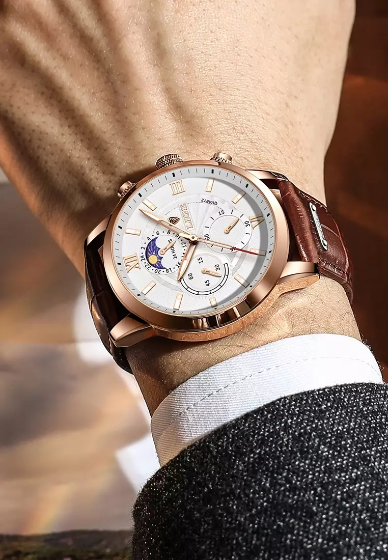 Chronograph, Unisex, IP Rose Gold Stainless Steel Quartz Watch 43mm, white dial, on Brown Leather Strap
