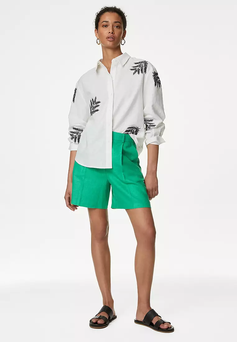 Linen Rich High Waisted Pleat Front Shorts