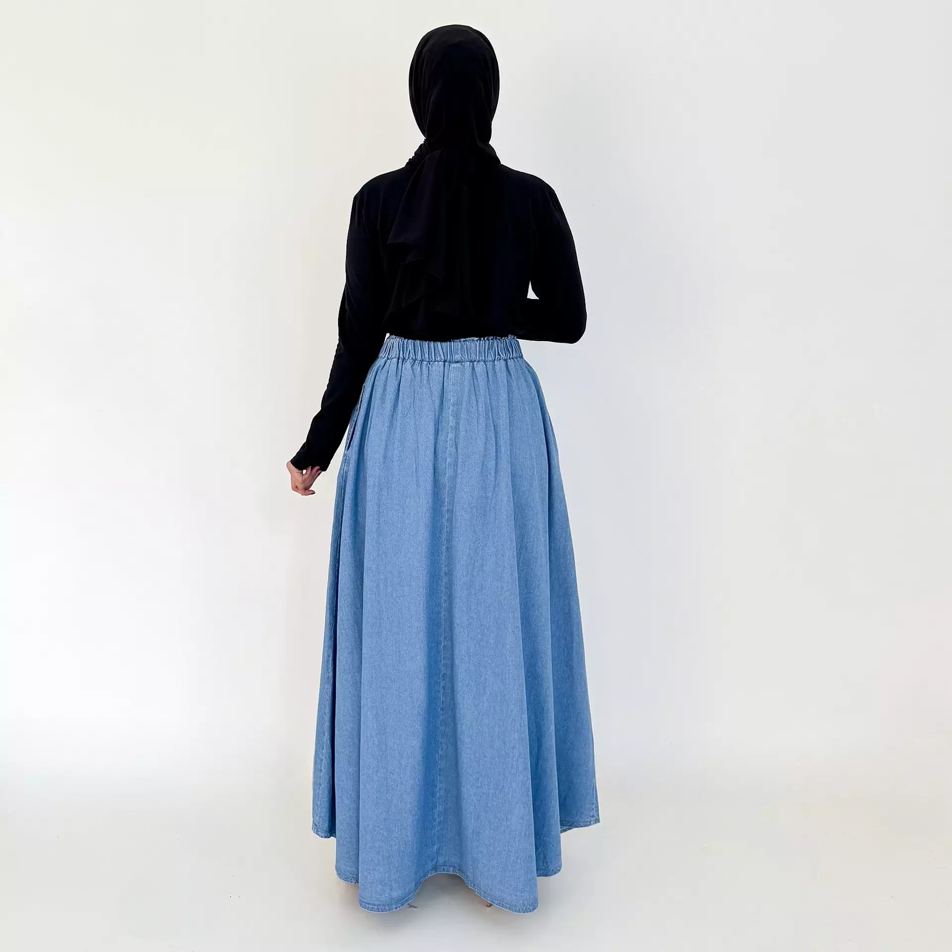 Niki Denim Flare Skirt BIRU MUDA Rok Panjang Wanita Panjang 102 cm