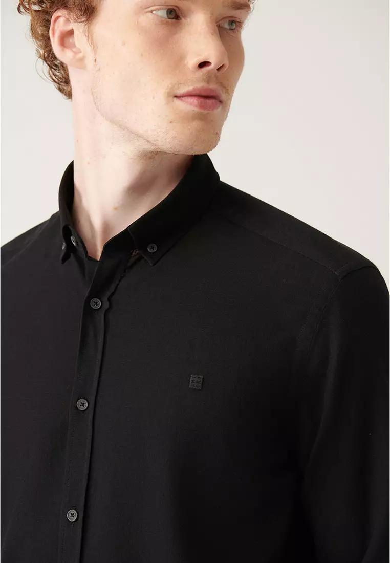 Men's Black Button-Down Collar 100% Cotton Linen Textured Shirt E002141