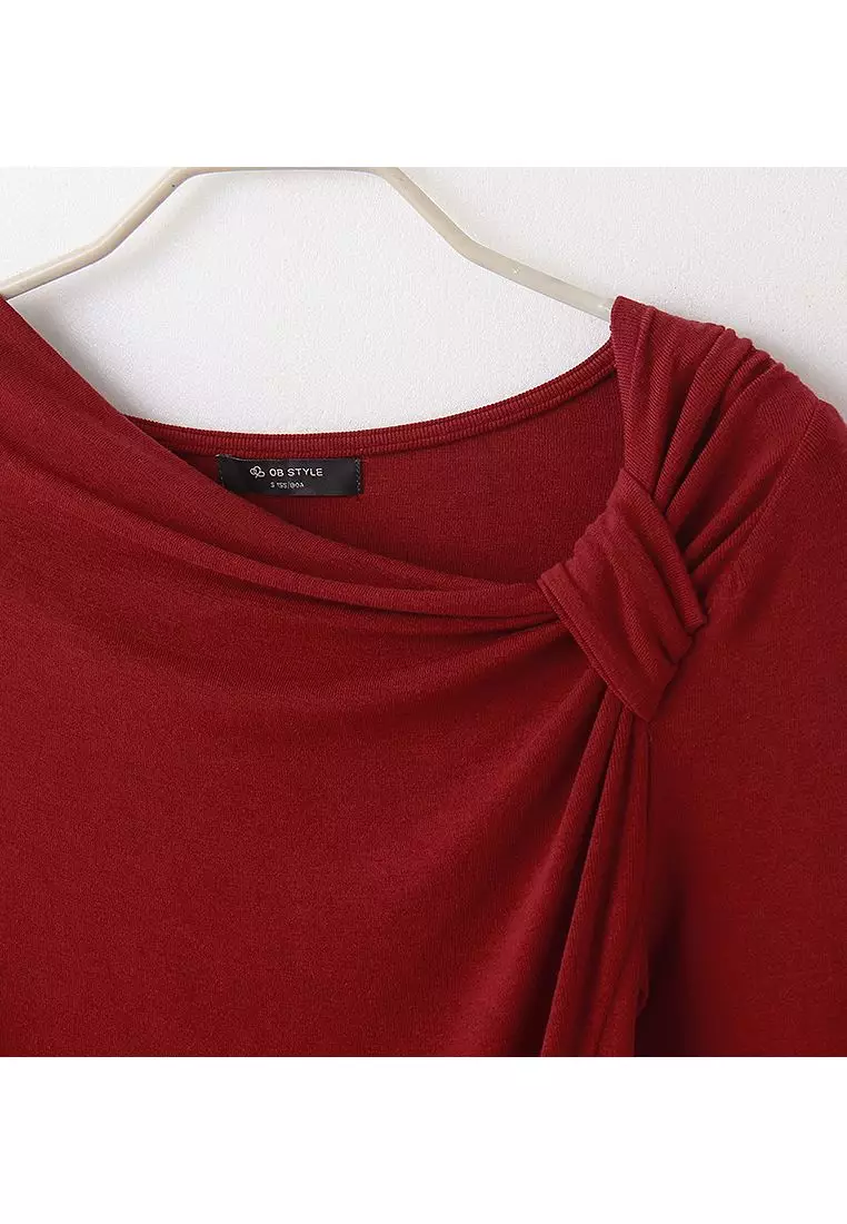Solid Fit Long-Sleeve Top with Gathered Waist and Ruched Neckline [AB19958]