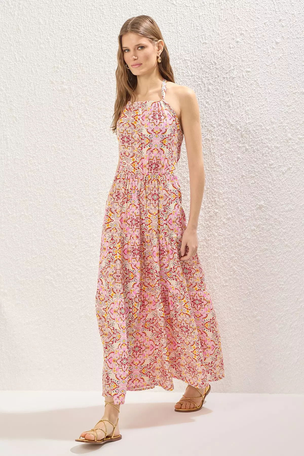 Pink Shawl Pattern Maxi Woven Dress TWOSS25EL00700