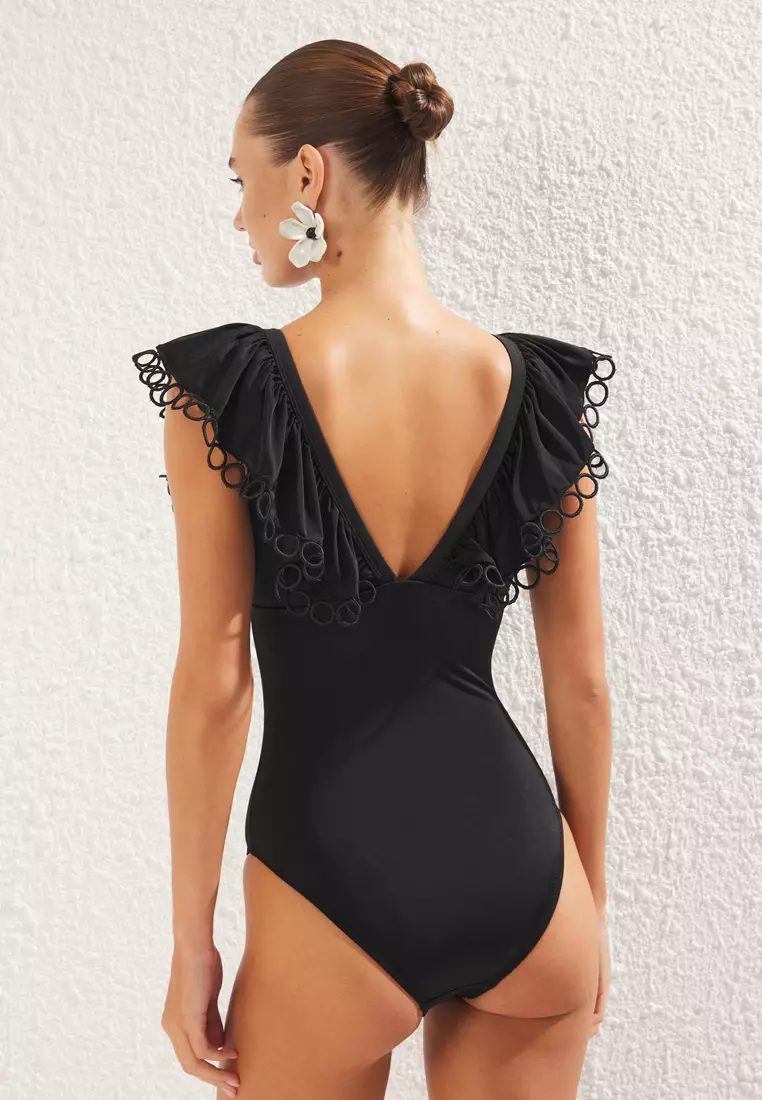 Black V Neck Flounce Regular Swimsuit