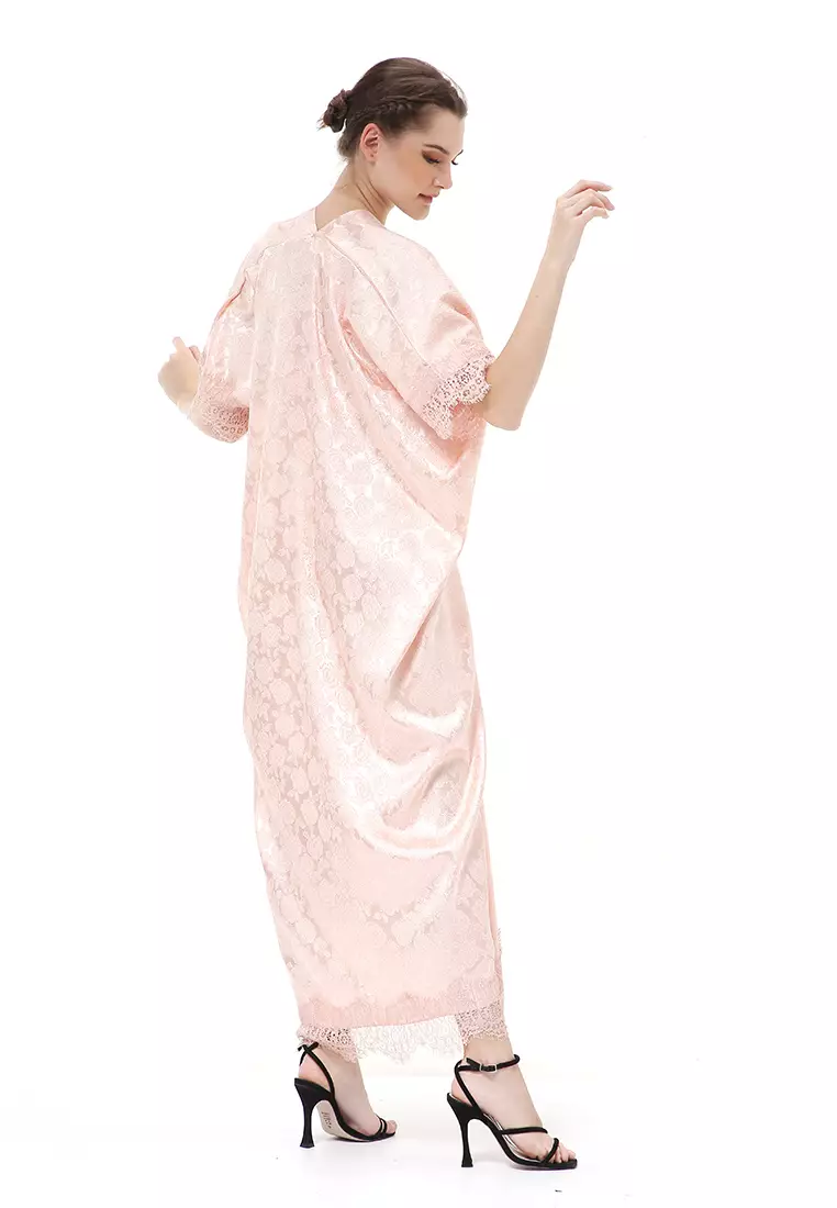 Rachel Dress Wanita Long Kaftan Traditional Motive Material Jaguar ORIGINAL - Peach