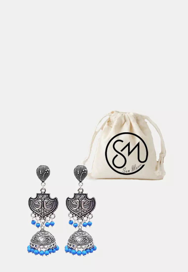 Aksesoris Wanita Carved Beads Trinkets Earring Anting Wanita Silver & Blue