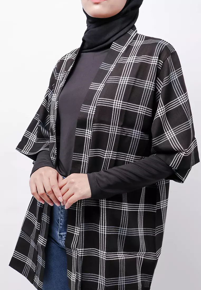 NTB11 KMN Kimono Outer Unisex Kotak Hitam Abu