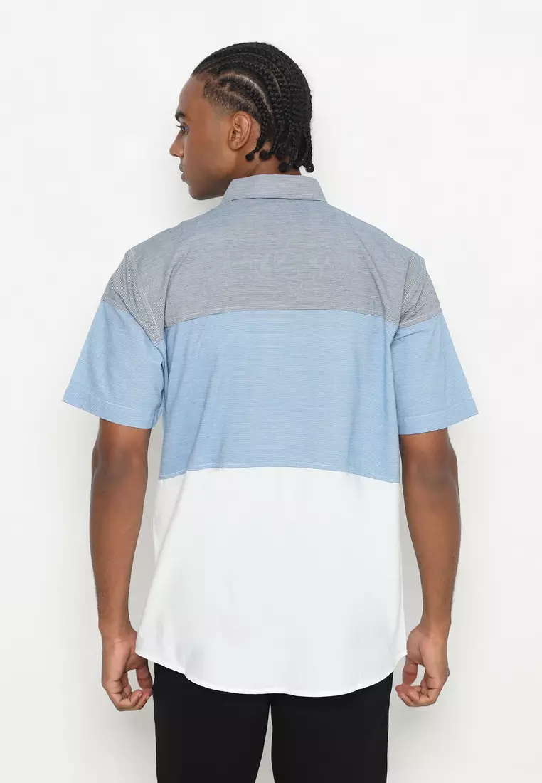 RBJ Kemeja Salur Kombi Biru Putih Regular Fit Pria