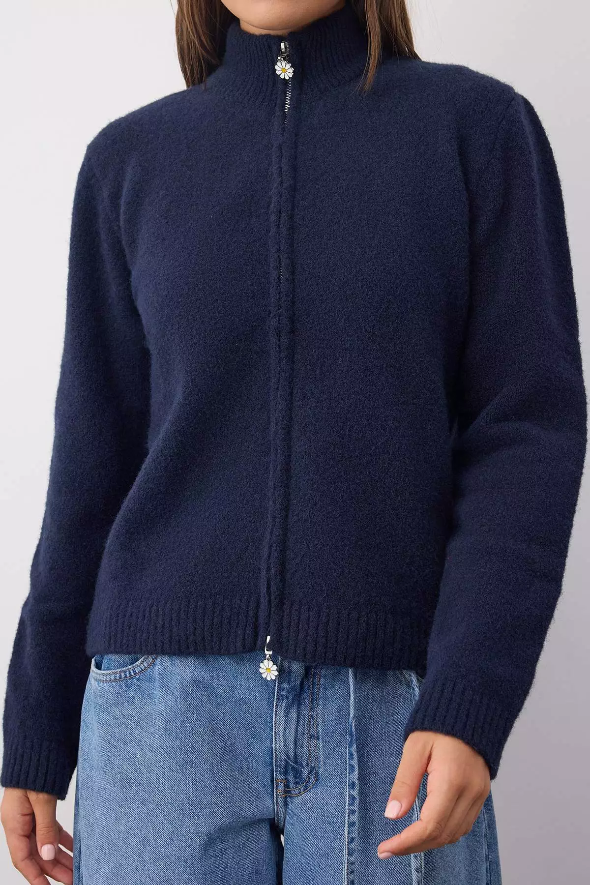 Wardrobe Essentials Navy Blue Wool Zippered Stand Collar Daisy Knit Cardigan |