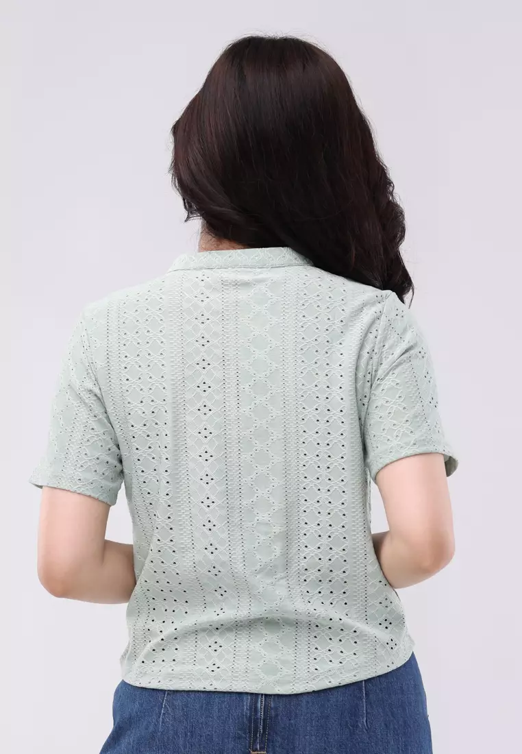 Eyelet Gumamela Short Sleeves Chinese Collar Blouse