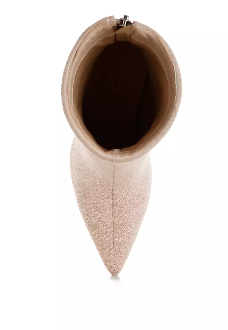 Rhinestones Embellished Foldover Boots in Beige