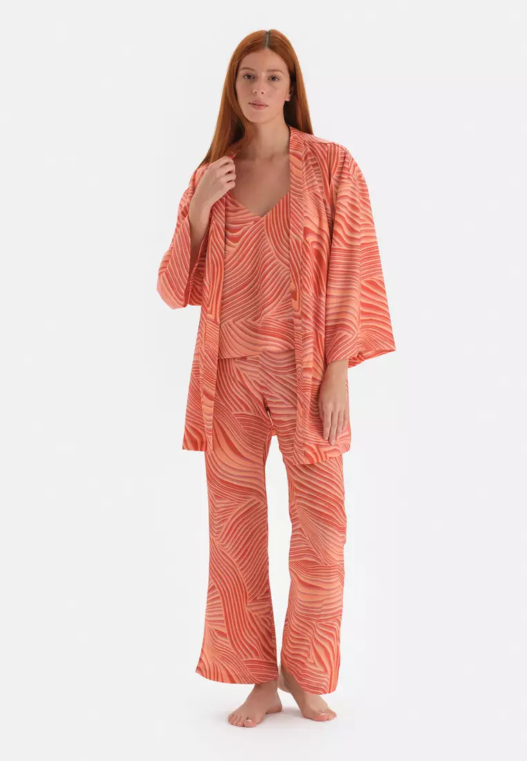 DAGİ Terracotta Dressing Gown, Striped, VNeck, Oversize, Long Sleeve