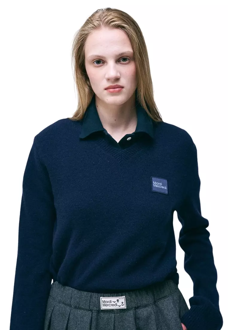 Raccoon Blended V Neck Square Logo - Navy