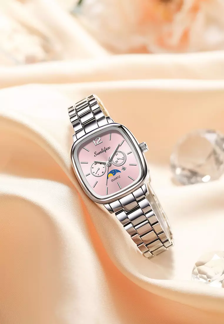 Jam Tangan Wanita Original Kalender Kasual Korean Style Tali Paduan Jam Tangan Cewek B006 silverpink