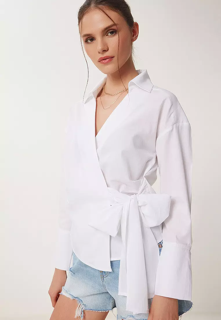 Shirt Collar Wrap Poplin Blouse