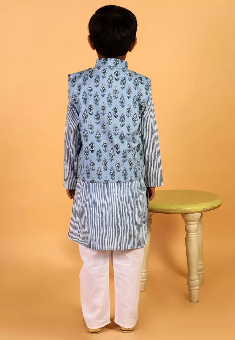 Aster Blue Block Print Jacket And Kurta Pajama Set