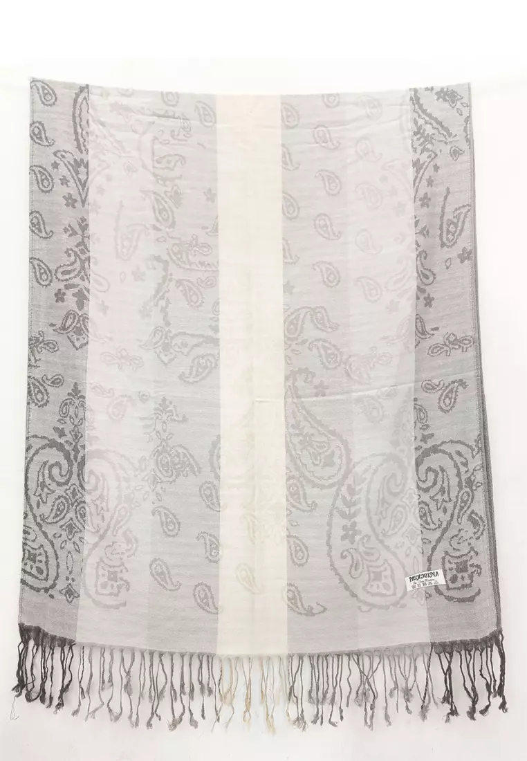 Aksesoris Wanita Reversible Viscose Gradient Paisley Pattern Pashmina Shawl Syal Gradasi Wanita Beige Ivory