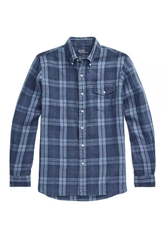 Classic Fit Plaid Indigo Linen Shirt