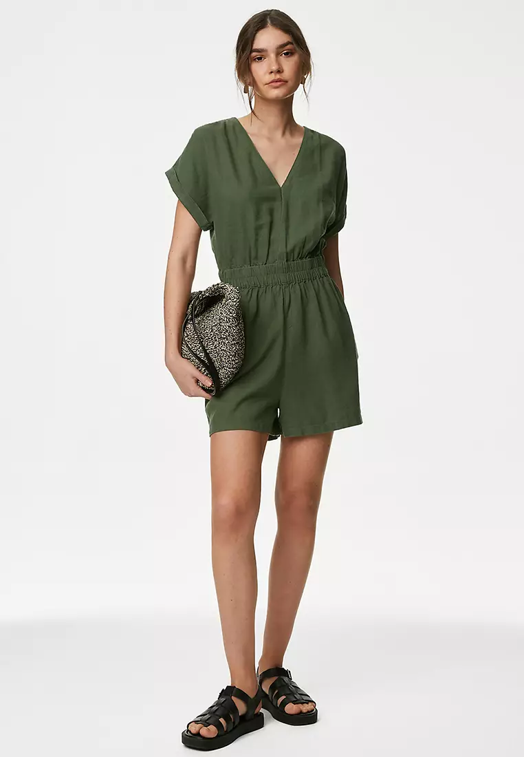 Linen Rich V-Neck Short Sleeve Playsuit