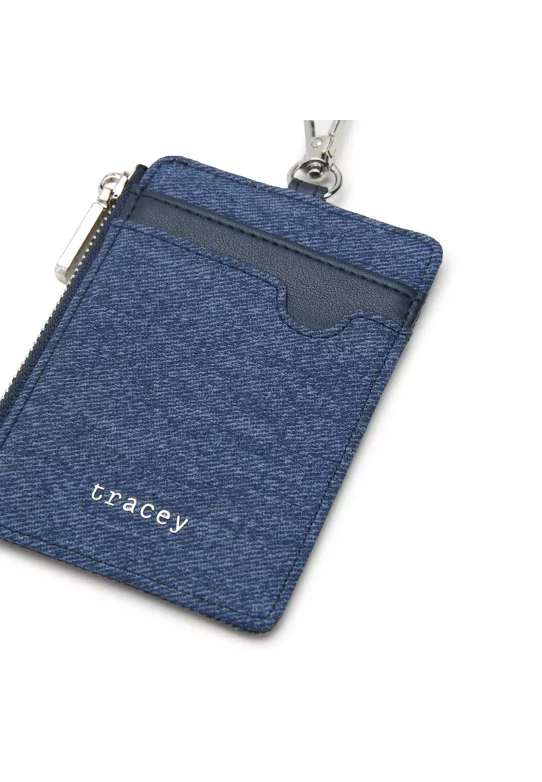 Tracey Denim Textured Zipper Card Holder with Lanyard