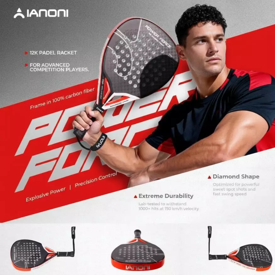 Raket Padel Ianoni Power Force Red Original Carbon 12K EVA Core Ringan Permukaan Bertekstur GRATIS tas