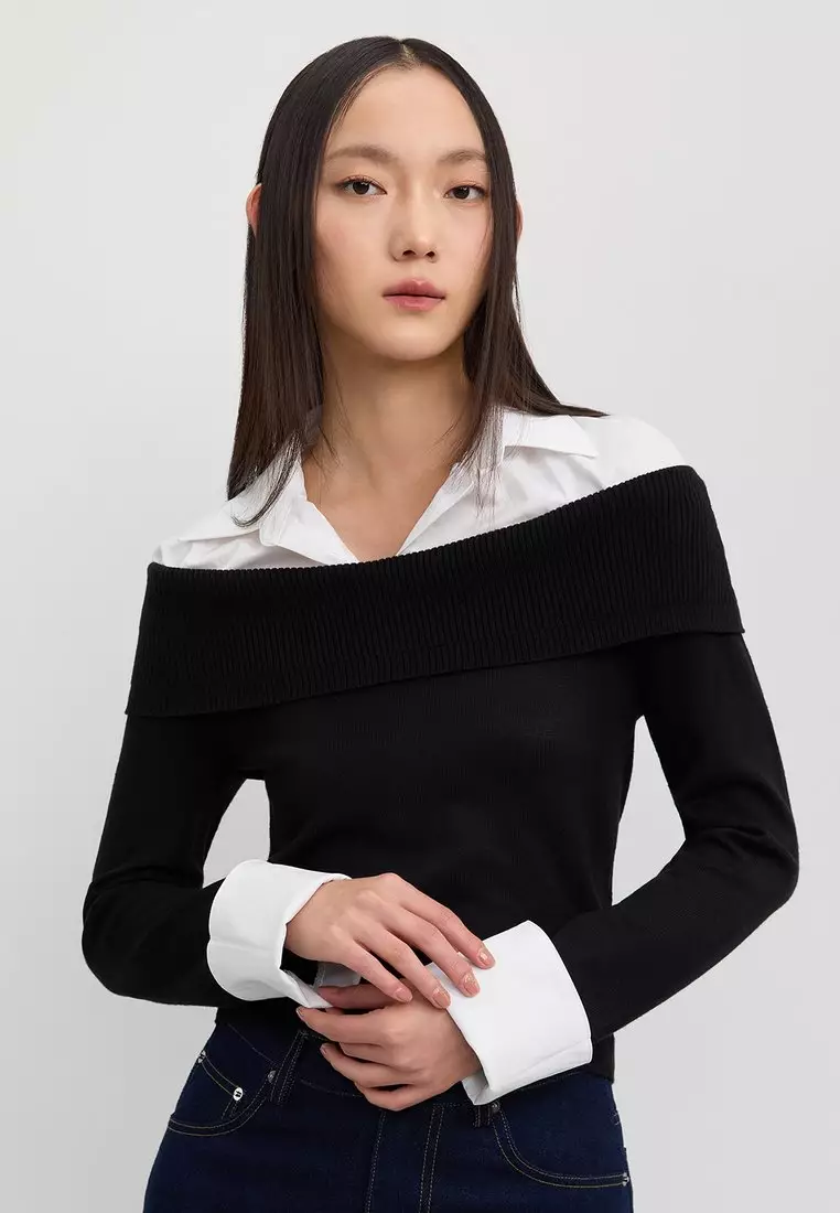 Layered-Effect Ribbed Knit Sweater - Black