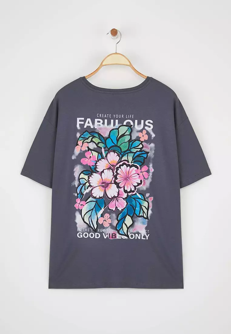 Anthracite Oversize Fit 100% Cotton Front And Back Printed Knitted Plus Size T-Shirt Tbbss25Bf00002