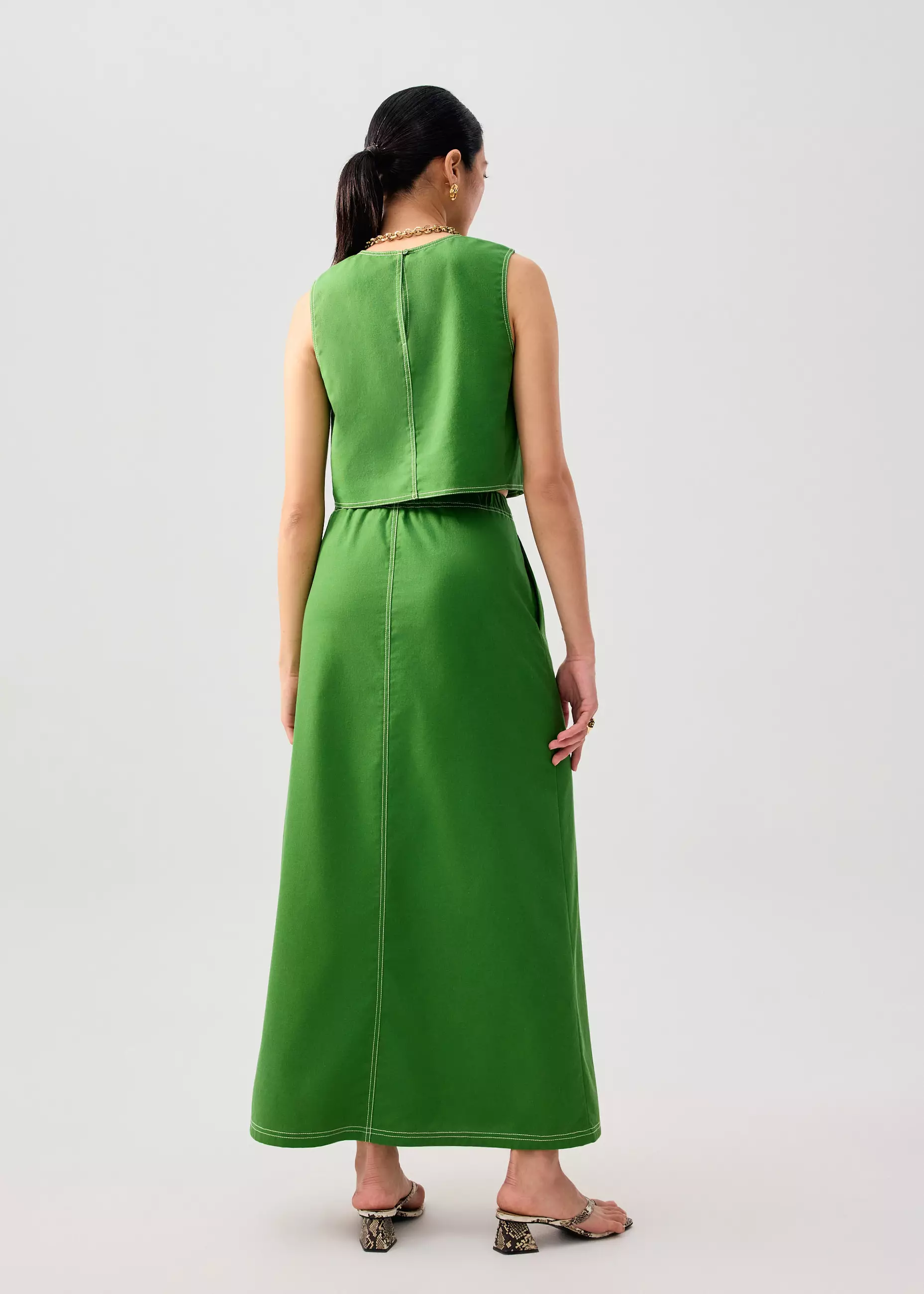 Rok Wanita - Elastic Contrast Stitch High Waist A-line Maxi Skirt