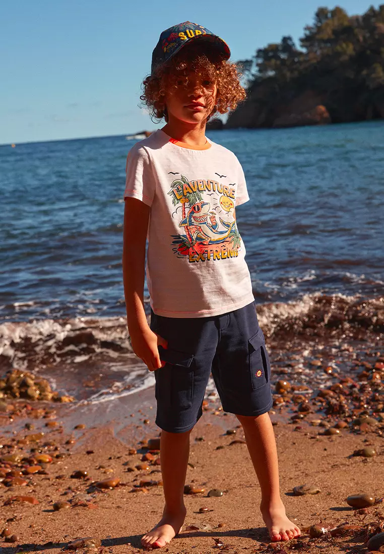 WHITE JERSEY SHARK PATTERN T-SHIRT